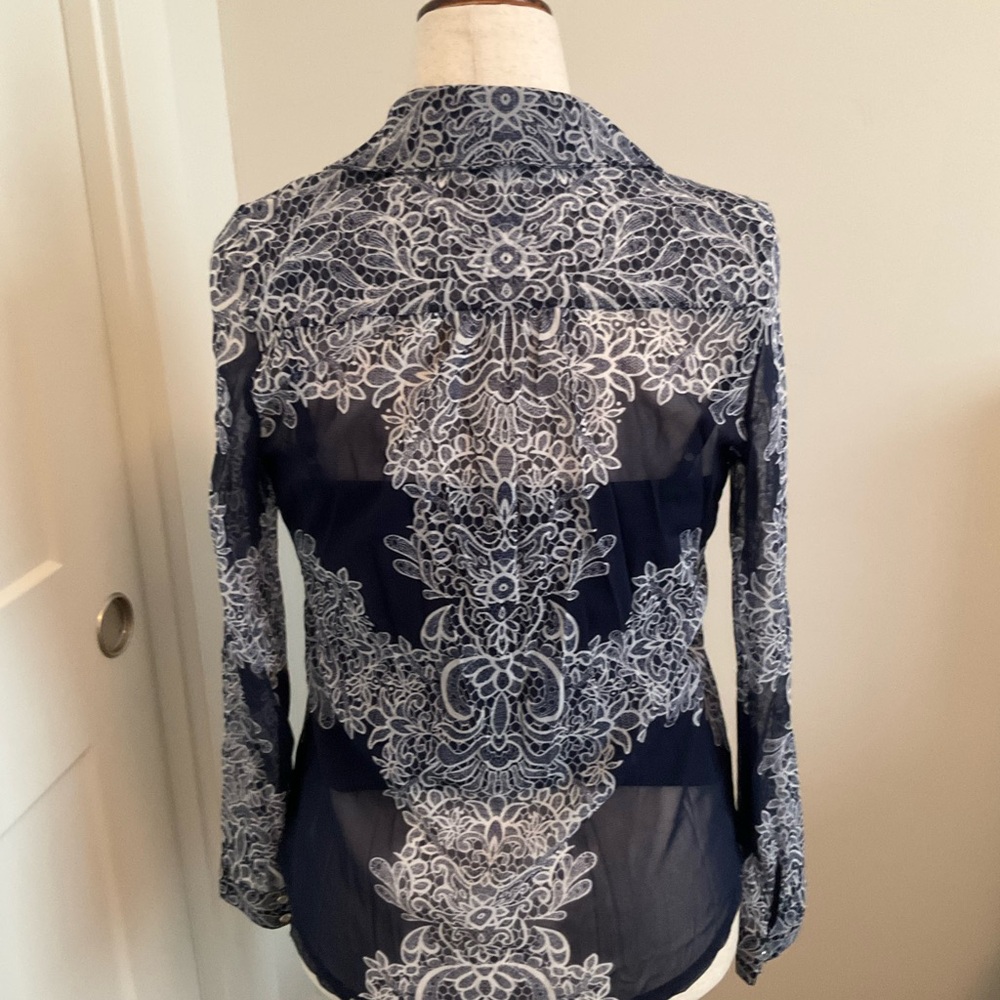 INC International Concepts Navy and White Lace Pattern Shirt - Picture 2 of 3